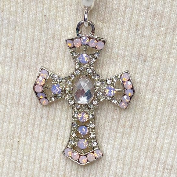 Cross Pendant Opalescent And  Clear Rhinestones Pave Silver Tone Ball Chain - Picture 2 of 10